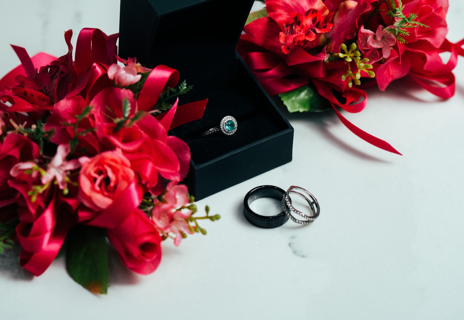 Rings and roses laid out before the ceremony