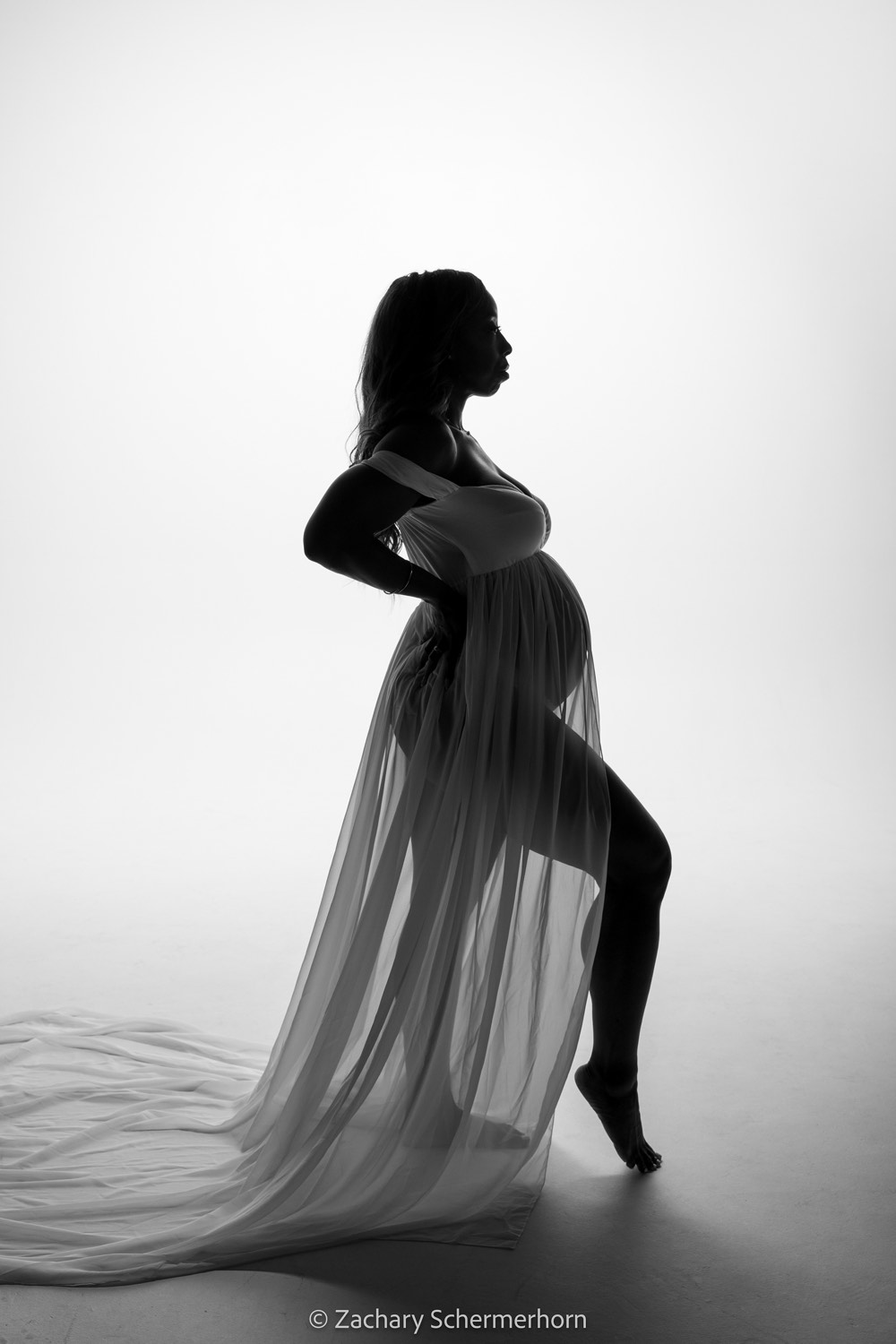 Silhouette of an expecting mother with a flowing veil